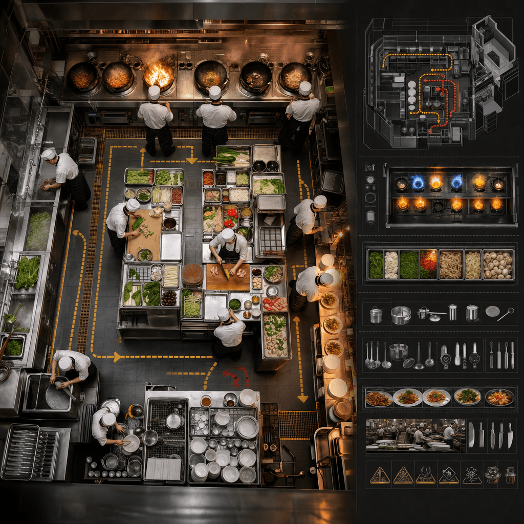 "General Map of the Back Kitchen Operation Line of a Chinese Restaurant"