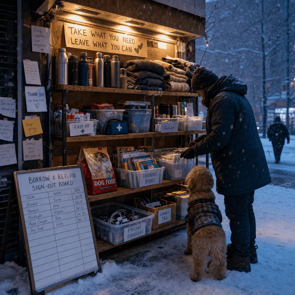 “暴雪天的社区共享物资站”