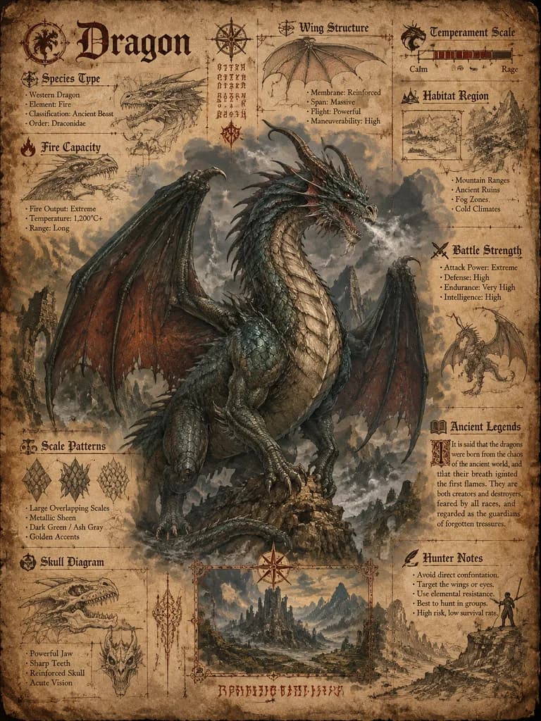 Vintage Fantasy Dragon Encyclopedia Poster