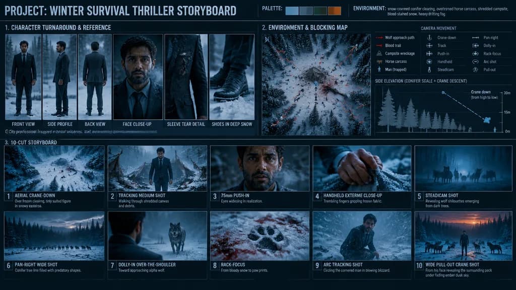 Winter Survival Thriller Film Storyboard