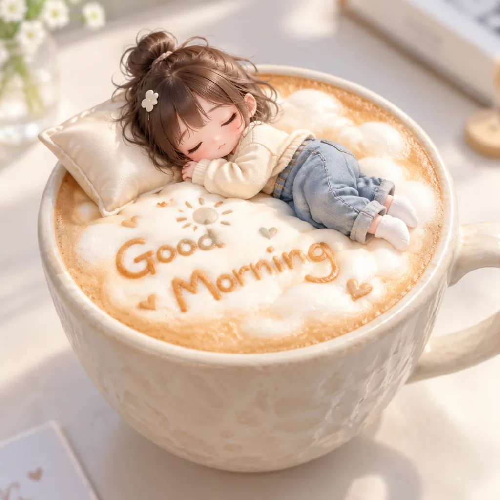 Miniature Girl Sleeping on Latte Foam