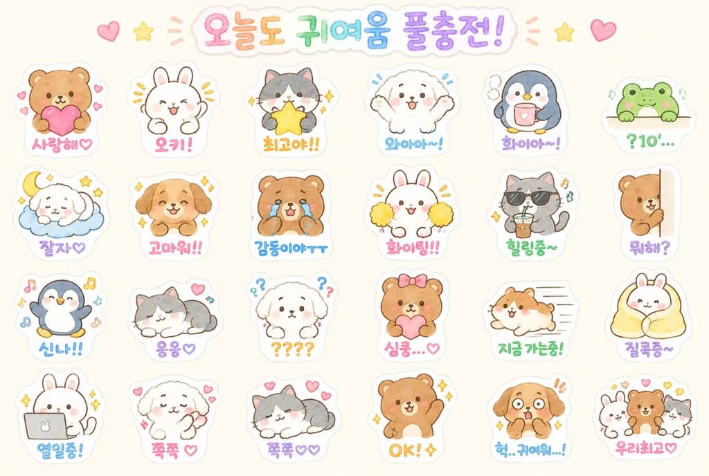 Kawaii Animal Sticker Sheet Grid