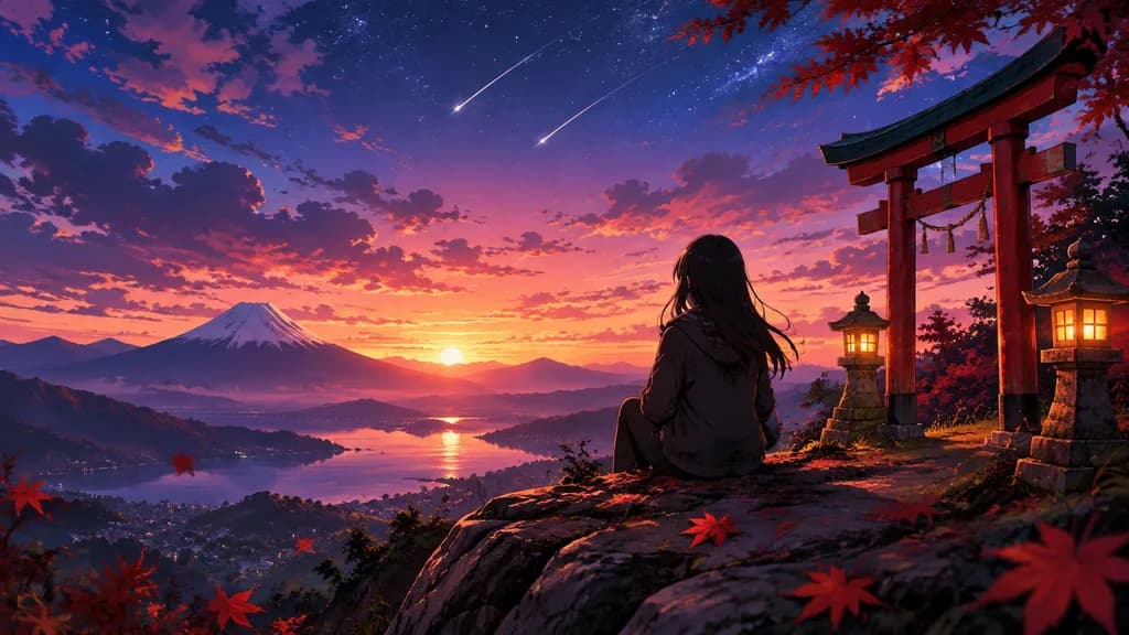 動漫懸崖夕陽遠山風景