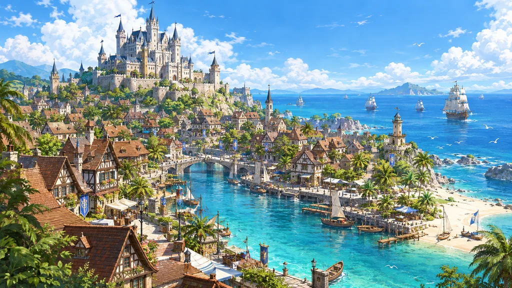 Fantasy Coastal City Castle Landscape