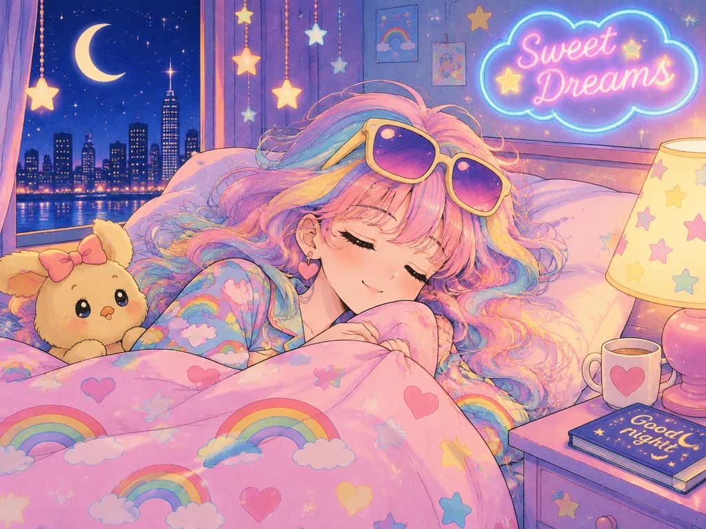 Retro Anime Pastel Bedroom Scene