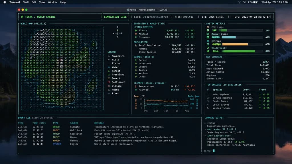TUI симуляции мира в терминале Mac