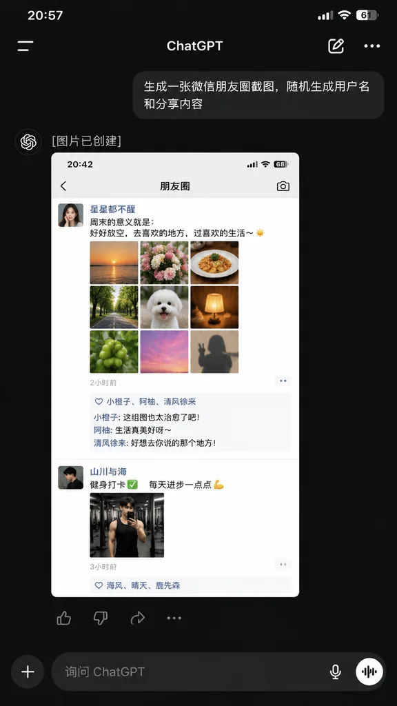 ChatGPT モバイル版 WeChat モーメンツ生成画面