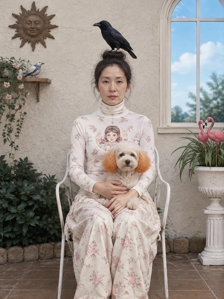 庭院超现实乌鸦与萌犬肖像