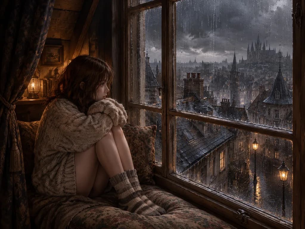 雨の屋根裏部屋の窓辺に佇む少女