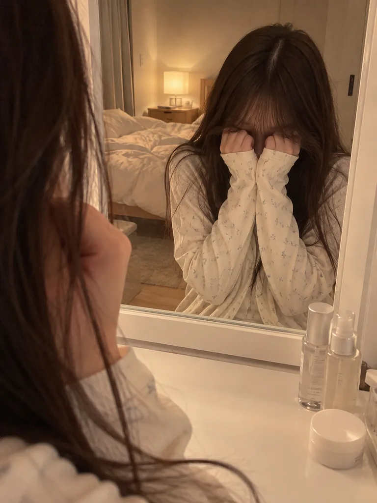 温かみのある寝室の一人称視点ミラー写真