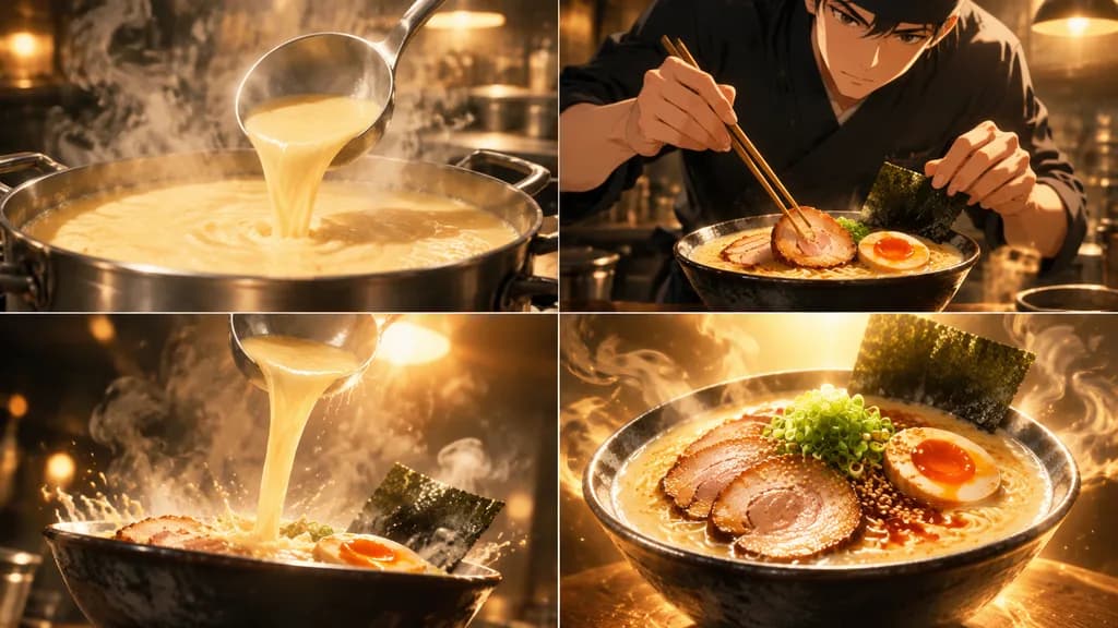 アニメ風料理シーケンス:豚骨ラーメンの調理