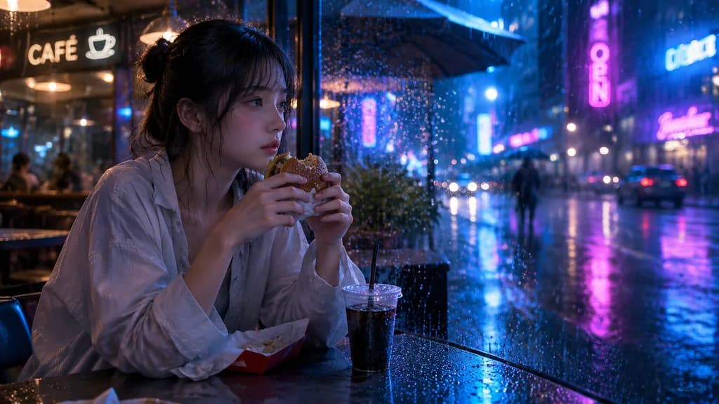 ネオンカフェでの雨の夜の独り時間