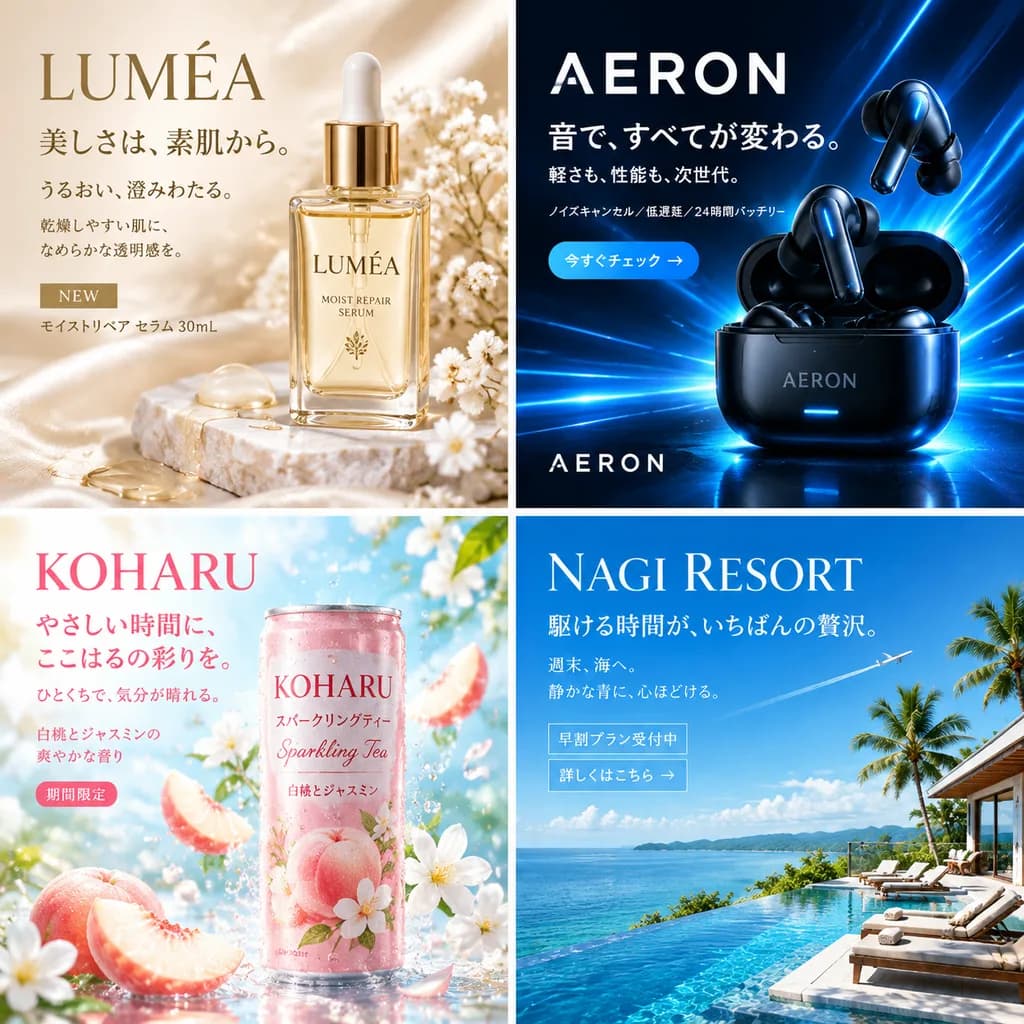 日本の商業広告ビジュアル4分割グリッド