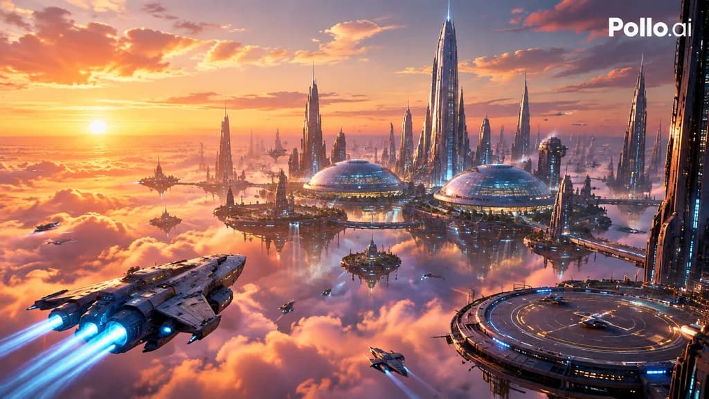 Floating Sci-Fi Megacity at Sunset