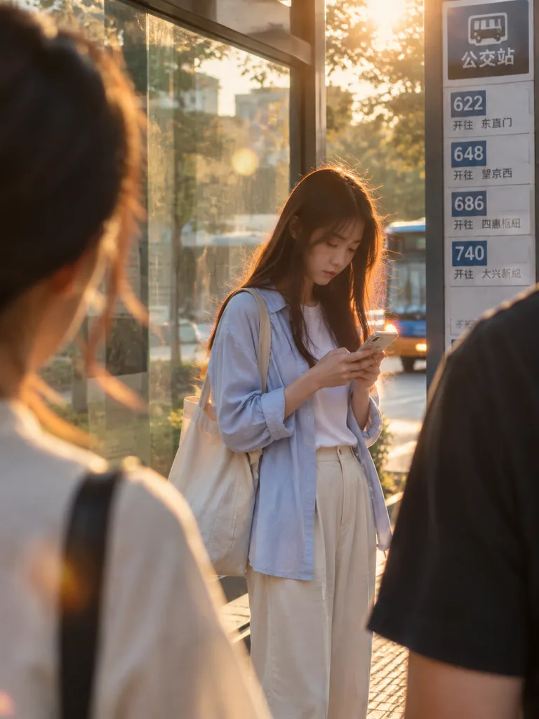 Candid Golden Hour Bus Stop Scene