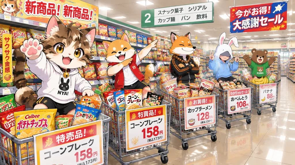 スーパーのお菓子売り場のアニメマスコット