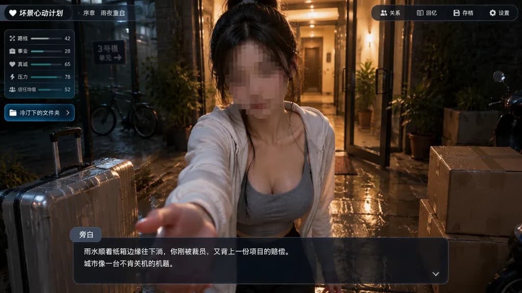 Interactive Visual Novel Rainy Night Interface