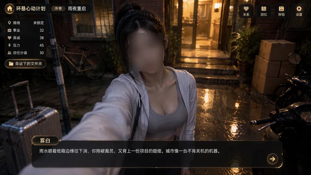 雨の夜のビジュアルノベルUIモックアップ