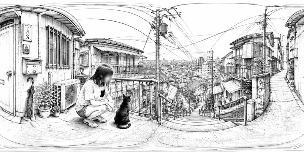 日本街巷黑白墨線360全景