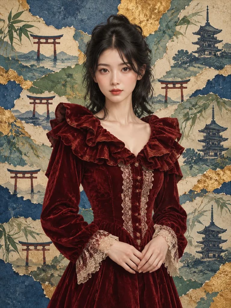 벨벳 드레스와 일본식 종이 콜라주 초상화