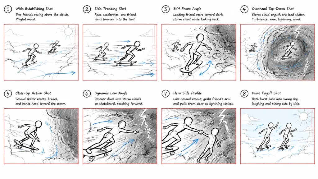 Hand-Drawn Cinematic Storyboard Previs Page