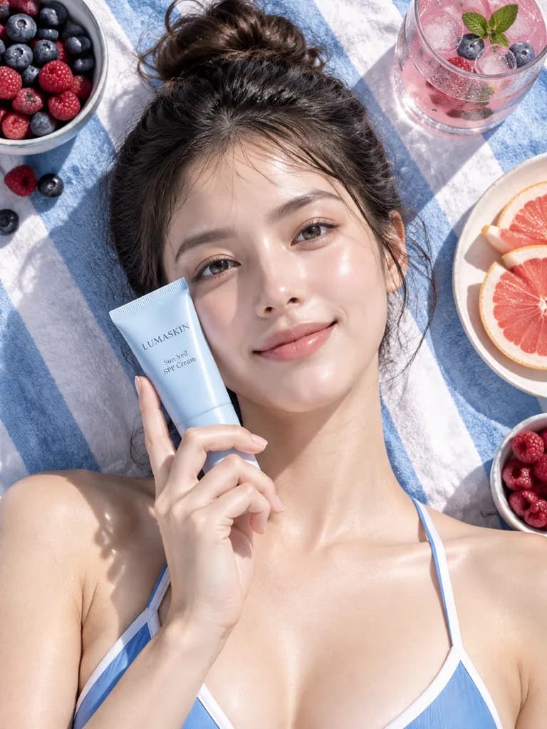 夏日護膚品俯拍平鋪廣告