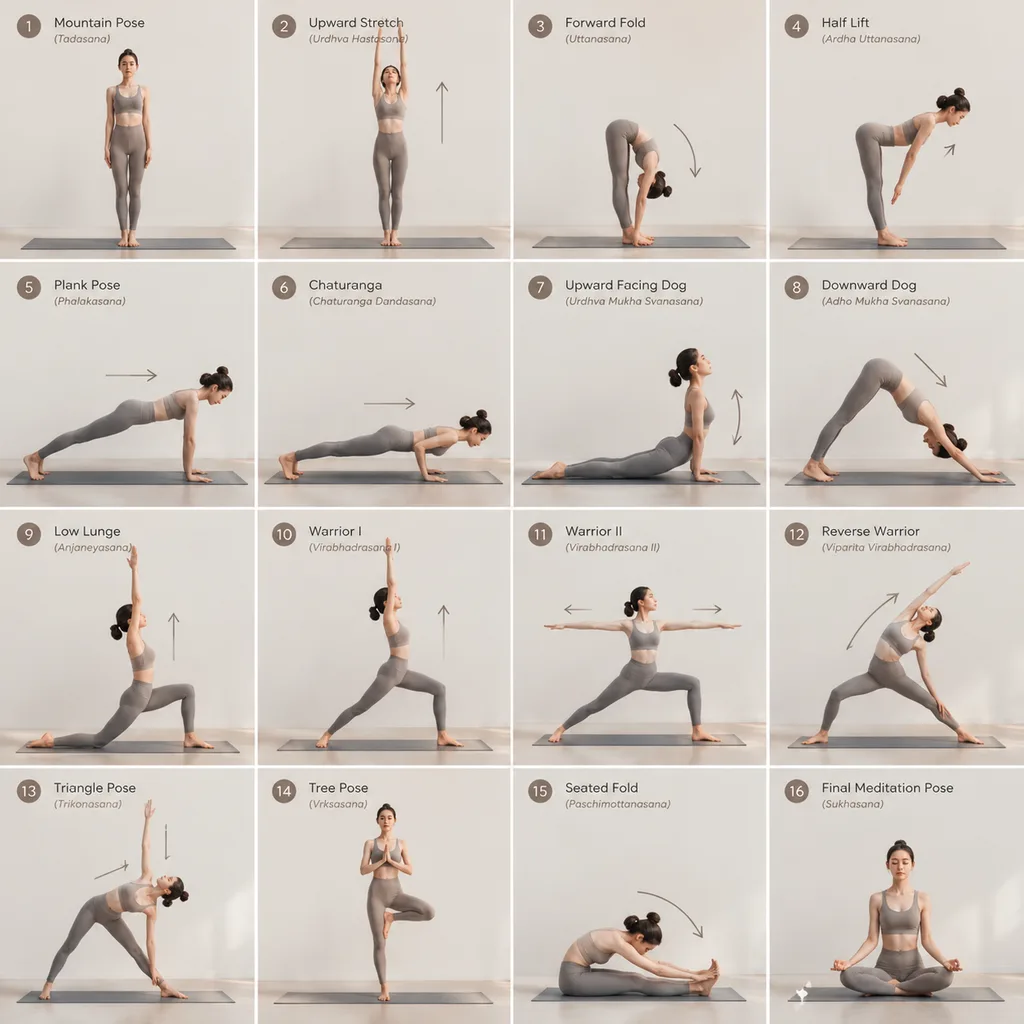 Sixteen Panel Yoga Flow Instructional Grid