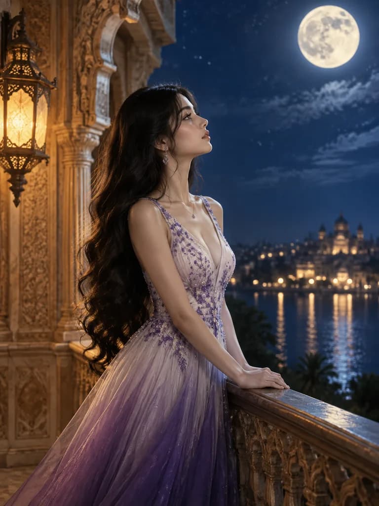 月光差すバルコニーのインド人女性ポートレート