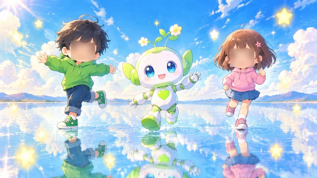 水面に映るちびキャラとロボットマスコット