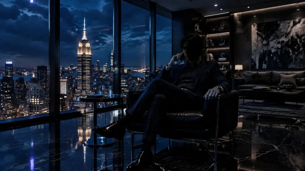 Executive in Night Penthouse Office