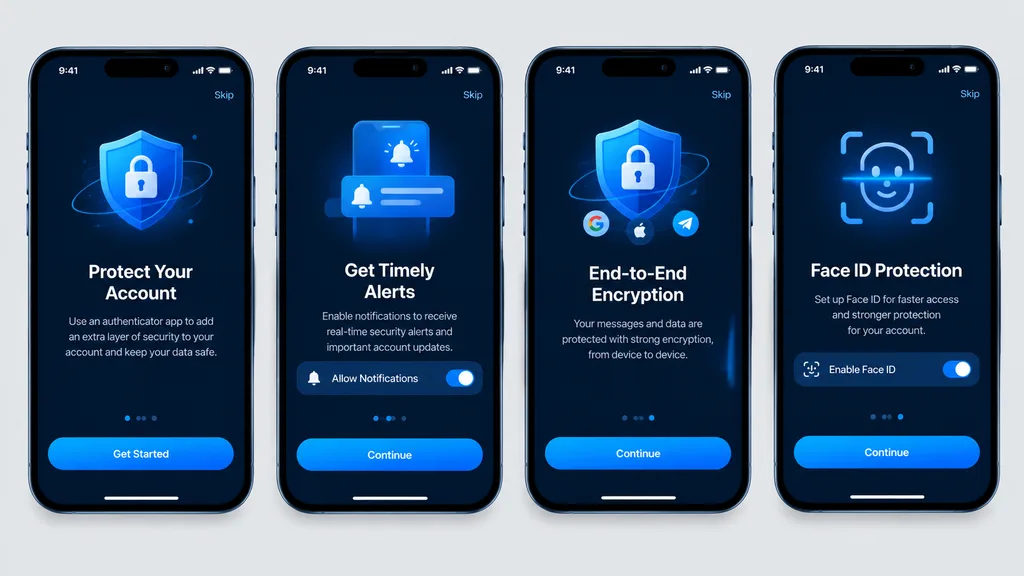 Dark Mode Authenticator App Onboarding Mockups