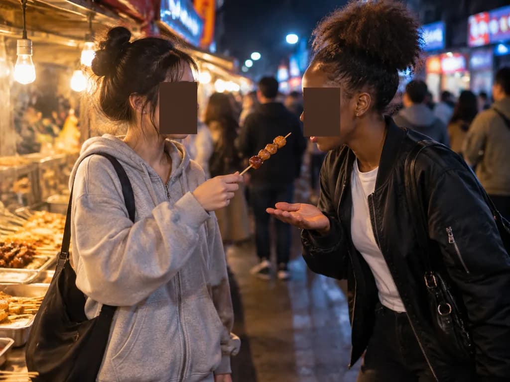 Candid Night Market Food Sharing