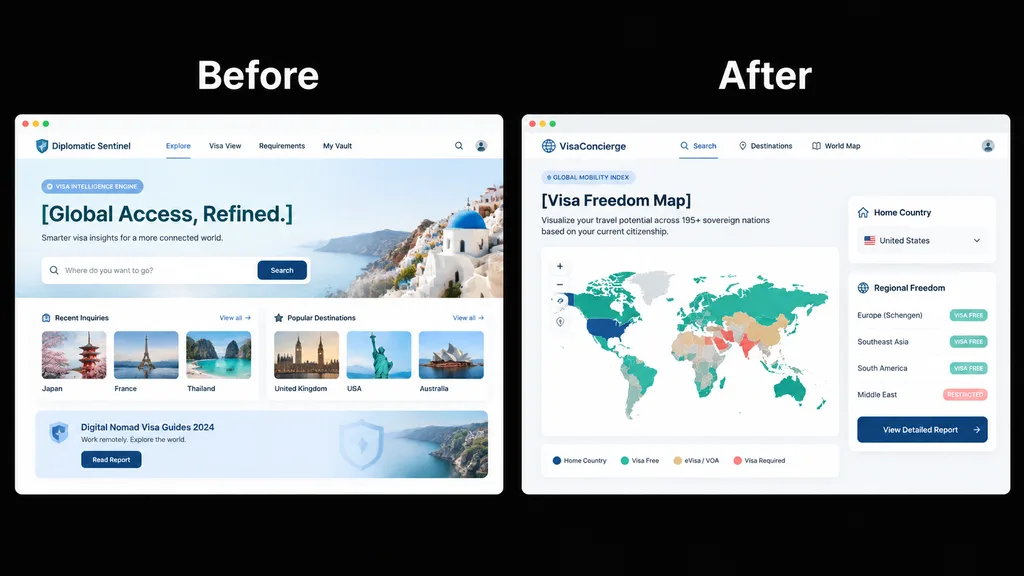 Visa Web App Redesign Comparison Slide