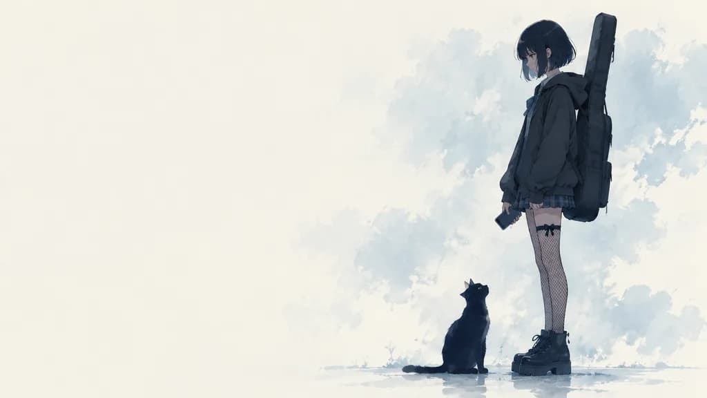 背吉他的動漫少女與黑貓