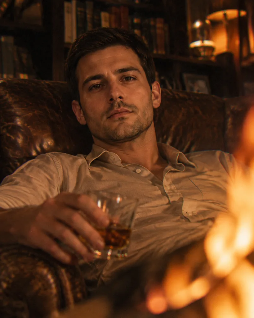 Firelit Evening Portrait in Leather Armchair