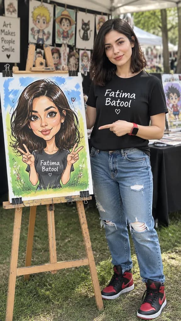 似顔絵とポーズをとるフェスの少女