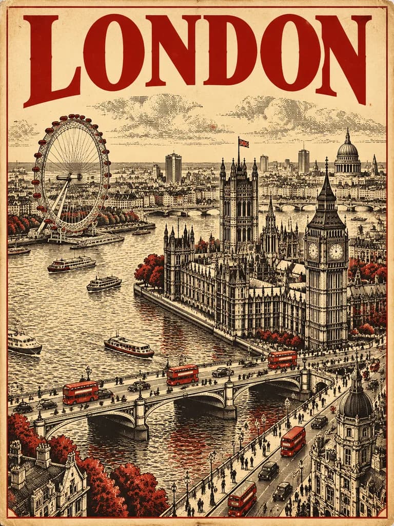 Poster di Viaggio Vintage con Incisione Urbana