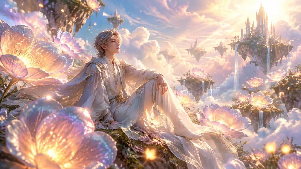 Ethereal Figure Among Giant Luminous Flowers