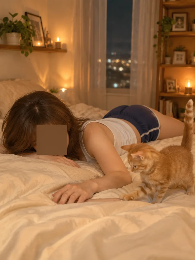 Cozy Bedroom Night With Playful Kitten