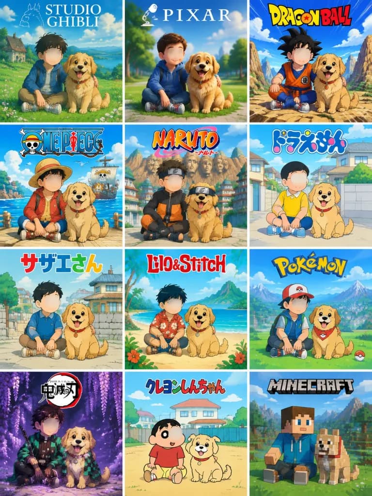 12種のアニメスタイル比較コラージュポスター