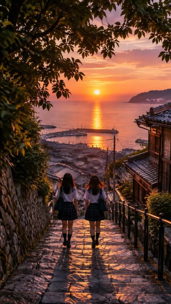 Schoolgirls on Seaside Stone Steps at Sunset