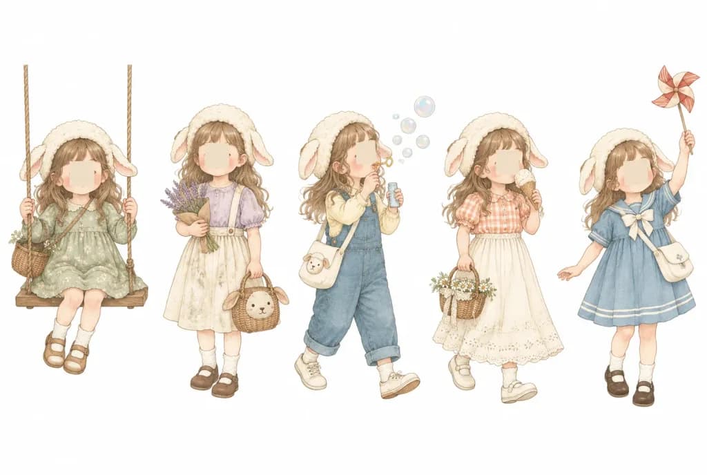 Watercolor Cottagecore Girl Character Lineup