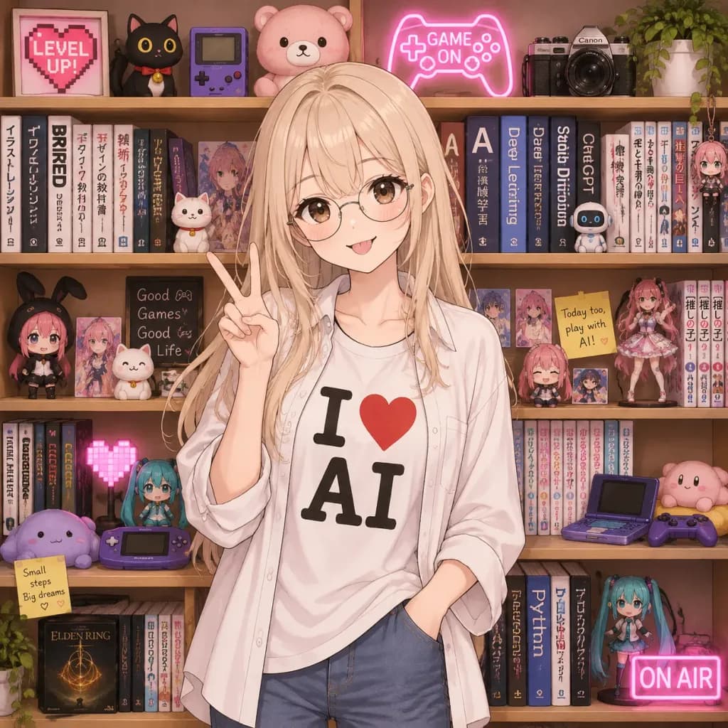 Anime Otaku Girl with Gamer Bookshelf