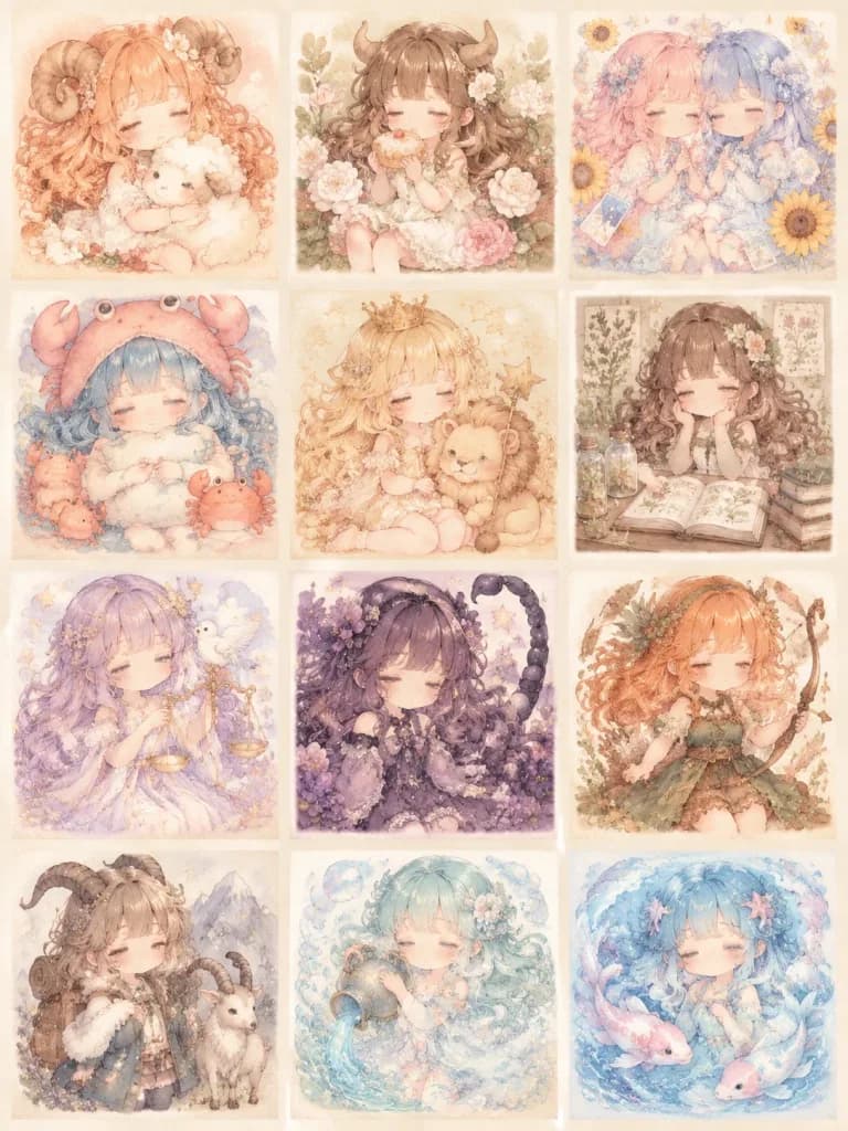 Pastel Watercolor Zodiac Girls Grid