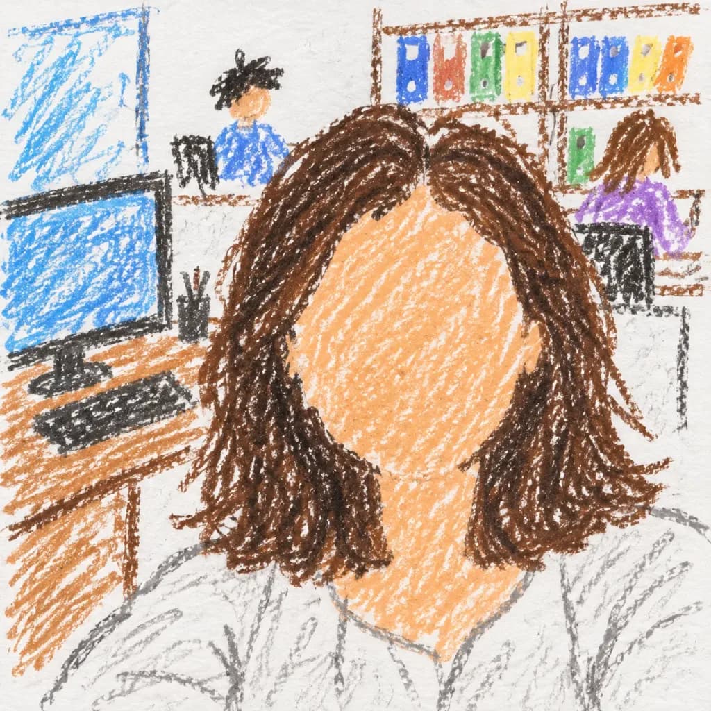 幼児のクレヨン画風オフィス自撮り