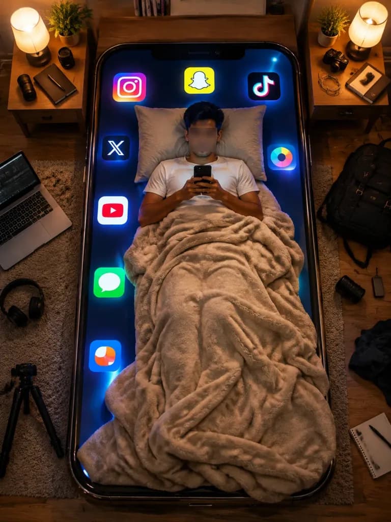 Man Resting on Giant Smartphone Screen
