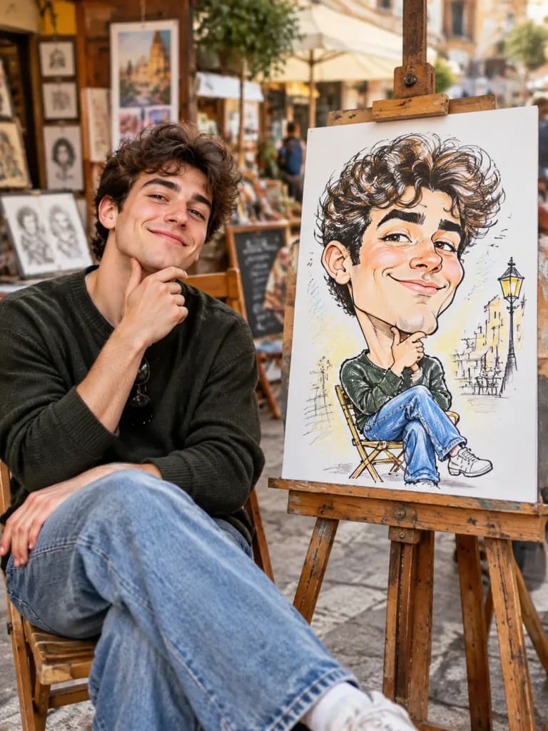 Subject Posing Beside Street Caricature