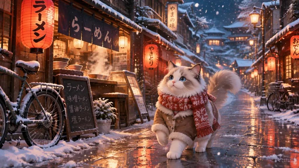 Winter Anime Cat in Snowy Town