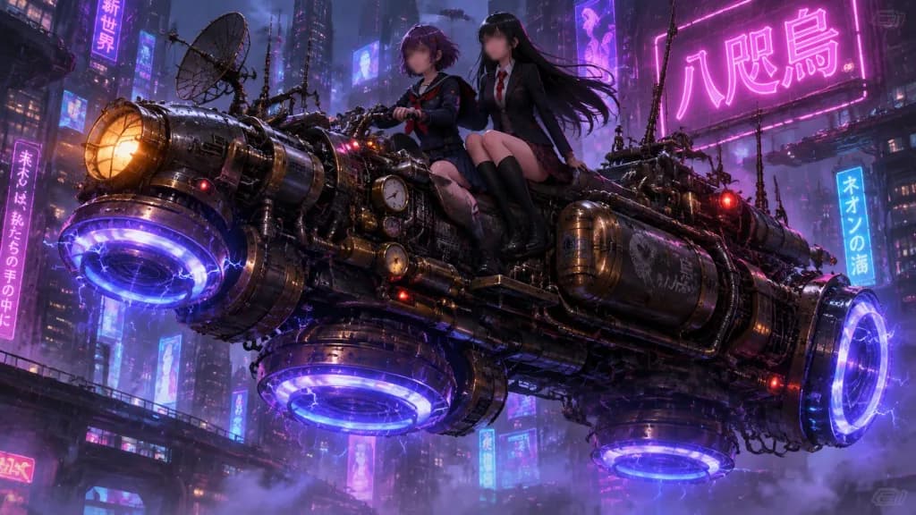 Anime Cyberpunk Schoolgirls on Hover Bike