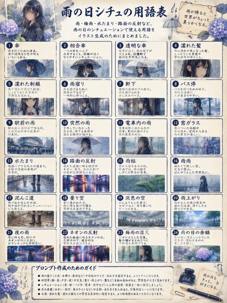Infografik-Tabelle für Regenwetter-Anime-Vokabeln